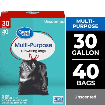 Great Value Multi-Purpose Drawstring Trash Bags, 30 Gallon, 40 Count