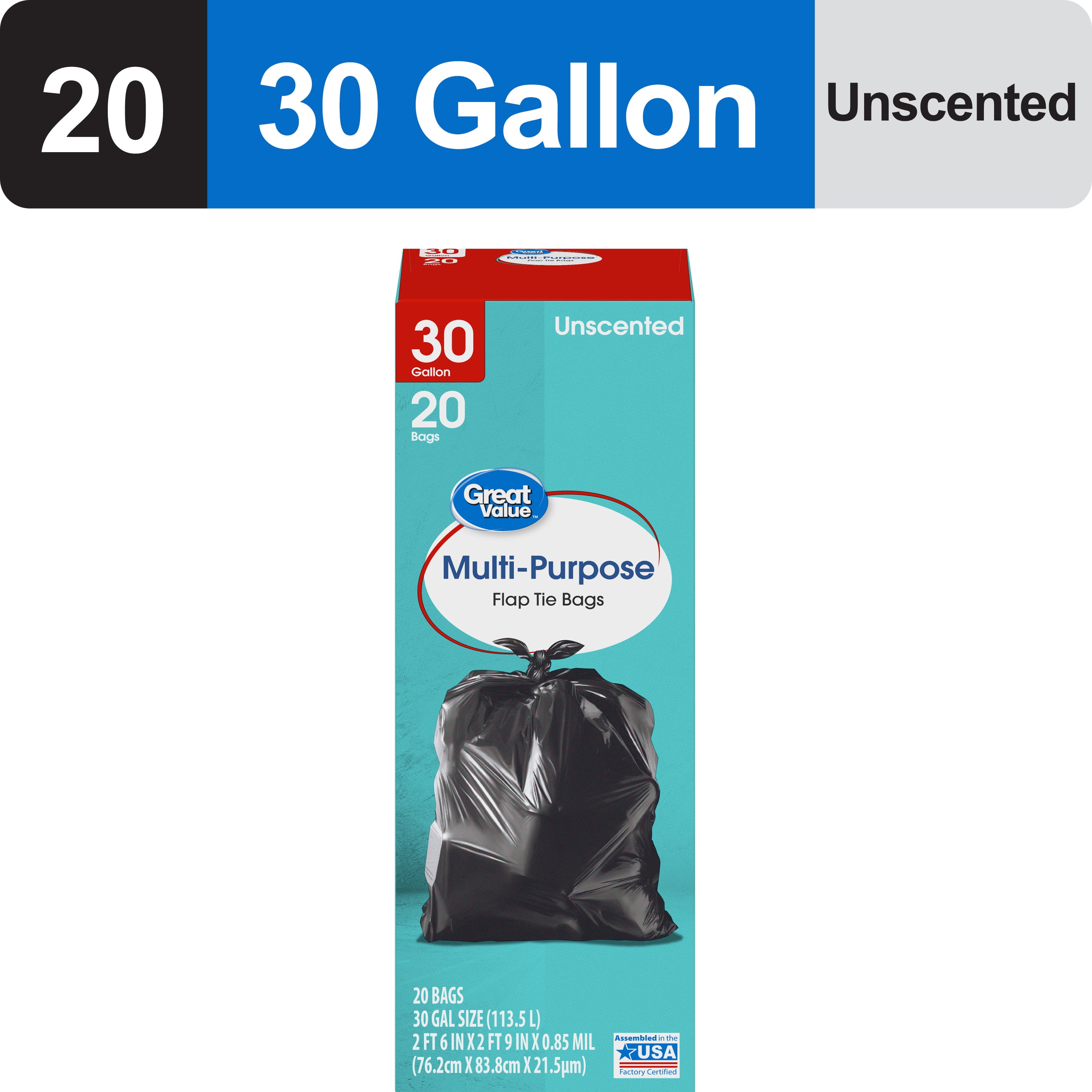 Great Value 30-Gallon Flap Tie Large Multi-Purpose Bags, Unscented, 20 Bags