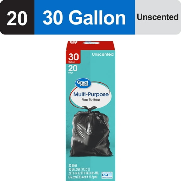 Great Value 30-Gallon Large Flap Tie Trash Bags, 20 Bags