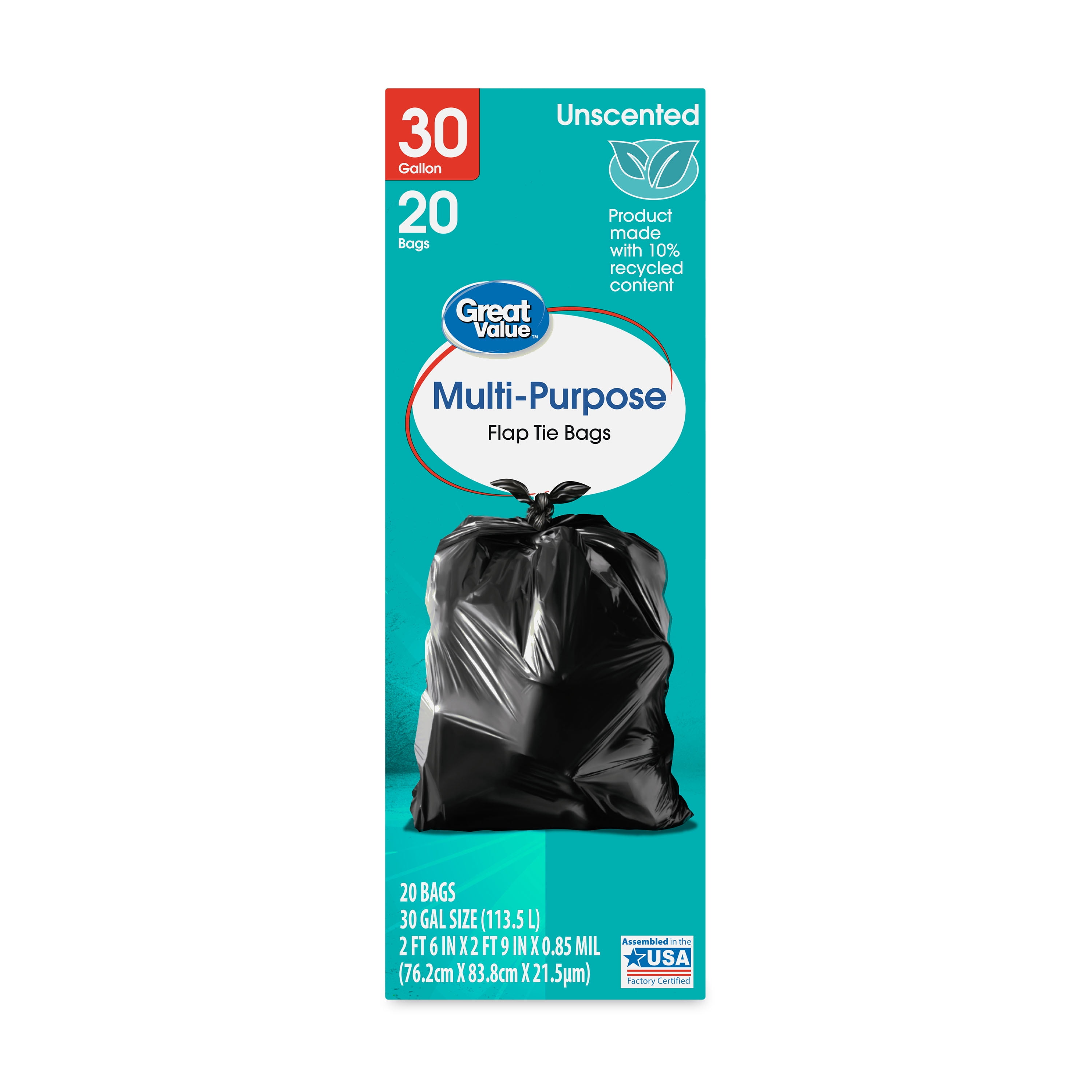 Great Value 30Gallon MultiPurpose Flap Tie Trash Bags, 20 Bags