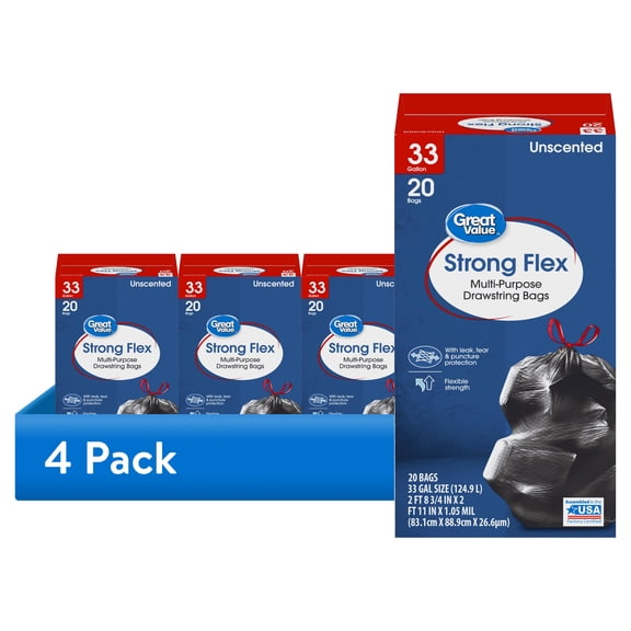 (4 pack) Great Value 33-Gallon Drawstring Strong Flex Multi-Purpose Trash Bags, 20 Bags