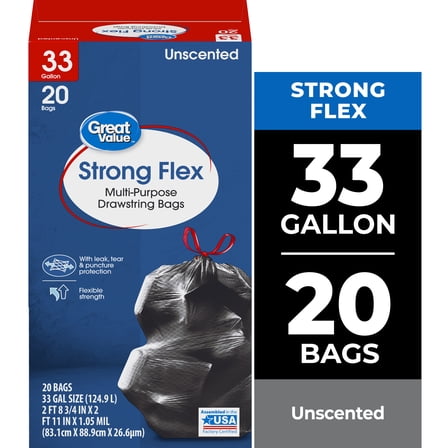 Great Value 33-Gallon Drawstring Strong Flex Multi-Purpose Trash Bags, 20 Bags