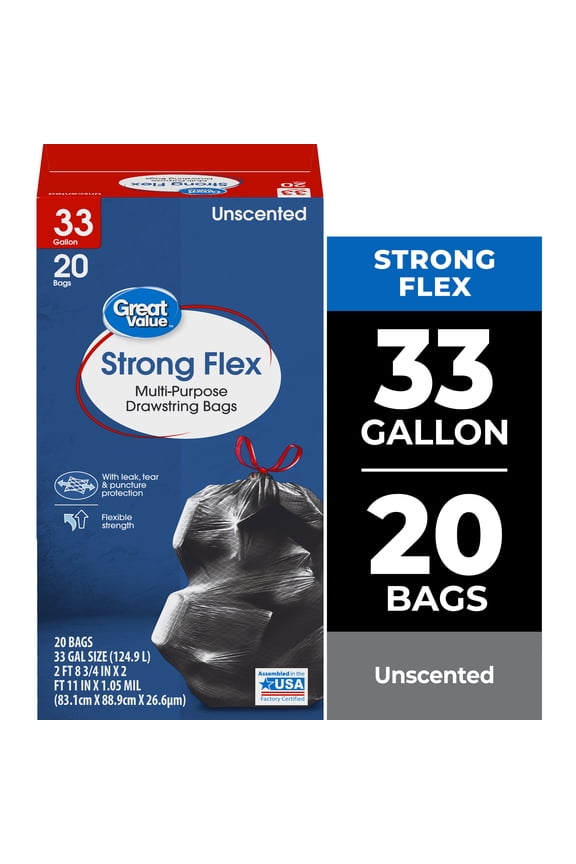 33-Gallon Drawstring Strong Flex Multi-Purpose Trash Bags, 20 Bags