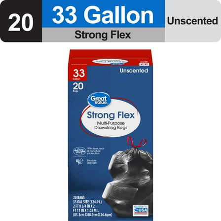 Great Value 33-Gallon Drawstring Strong Flex Multi-Purpose Trash Bags, 20 Bags