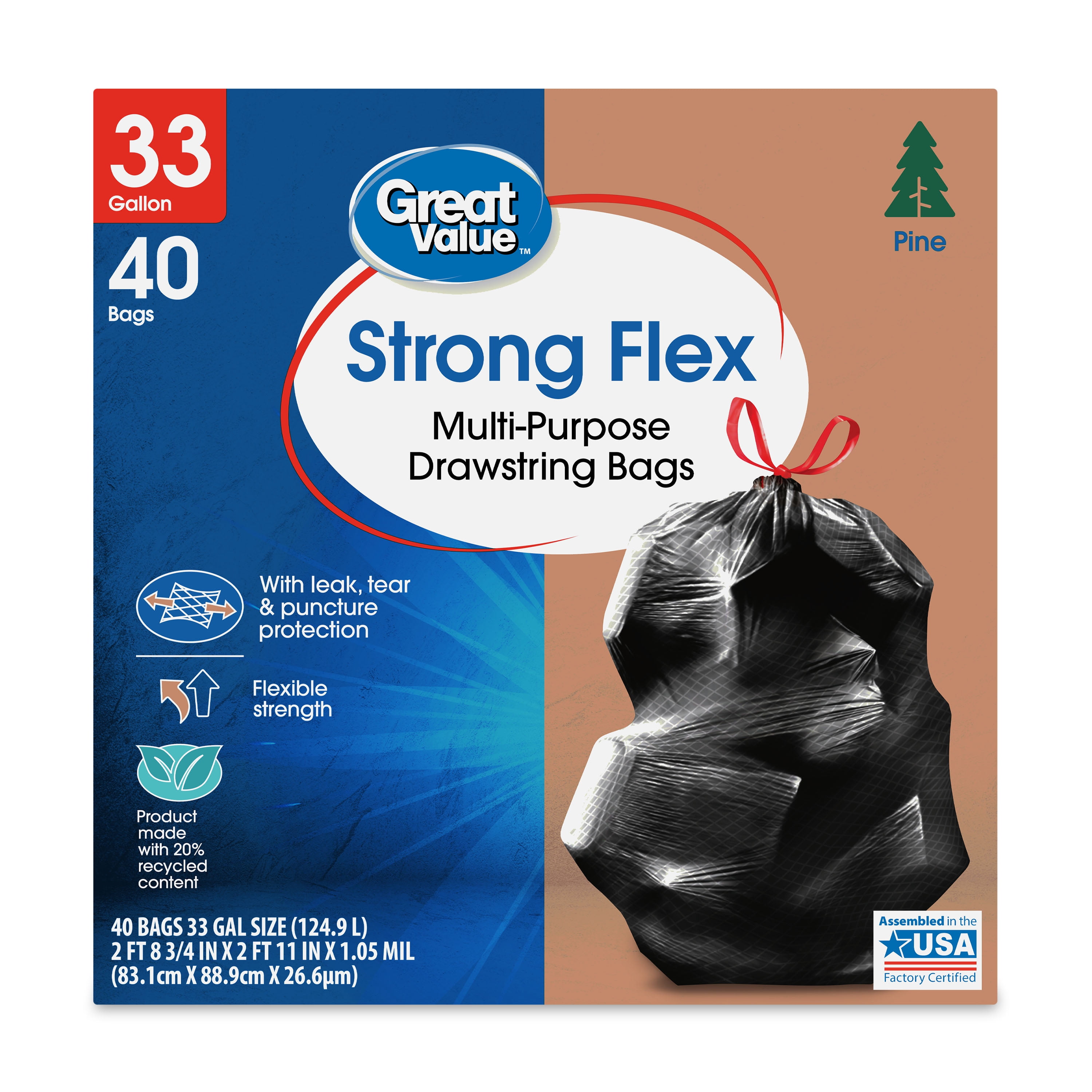 Great Value 33Gallon Drawstring Strong Flex MultiPurpose Trash Bags