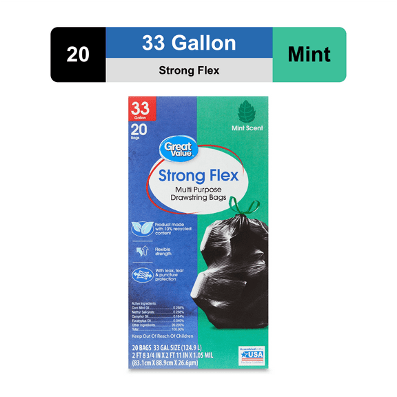 Great Value 33-Gallon Drawstring Strong Flex Tall Kitchen Trash Bags, Mint Scent, 20 Bags