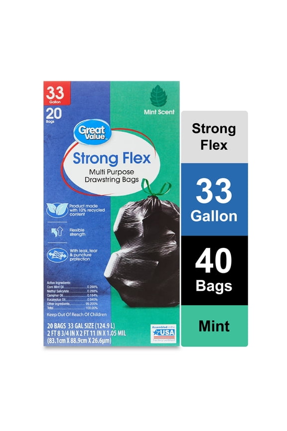 33-Gallon Drawstring Strong Flex Tall Kitchen Trash Bags, Mint Scent, 20 Bags