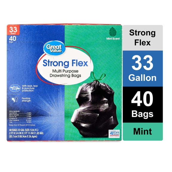 Great Value 33-Gallon Strong Flex Tall Kitchen Trash Bags, Mint Scent, 40 Bags