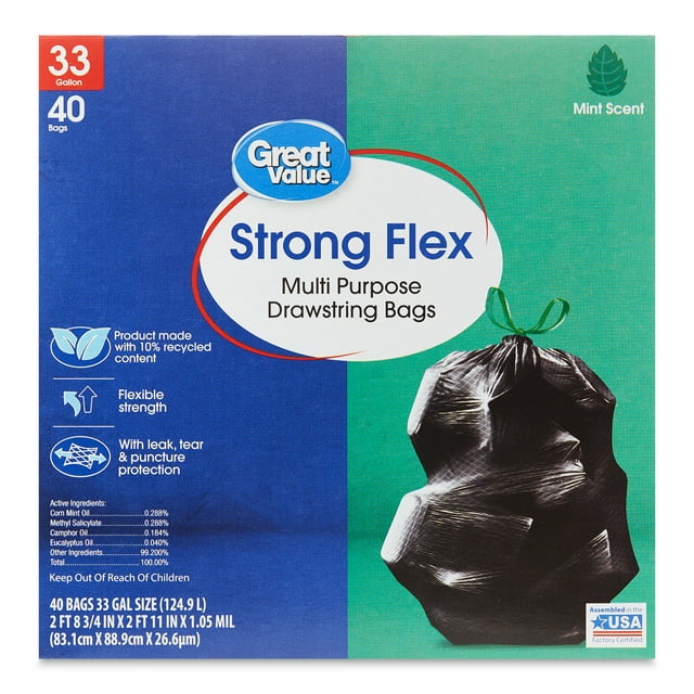 Great Value 33Gallon Strong Flex Tall Kitchen Trash Bags, Mint Scent, 40 Bags