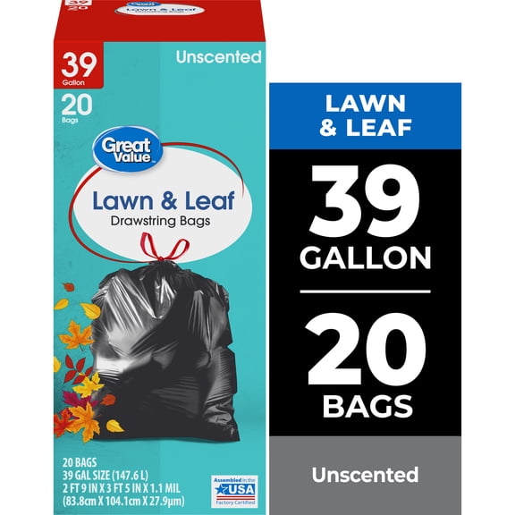 Great Value 39-Gallon Drawstring Lawn & Leaf Trash Bags, 20 Bags