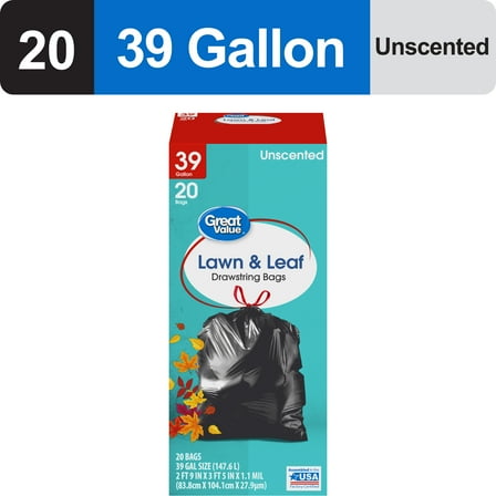 Great Value 39-Gallon Drawstring Lawn & Leaf Trash Bags, 20 Bags