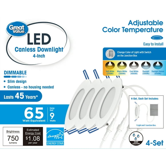 Great Value 4" LED Canless Retrofit Downlight, 9-Watt (65W Replacement) CCT Selectable J-Box 4 Pack