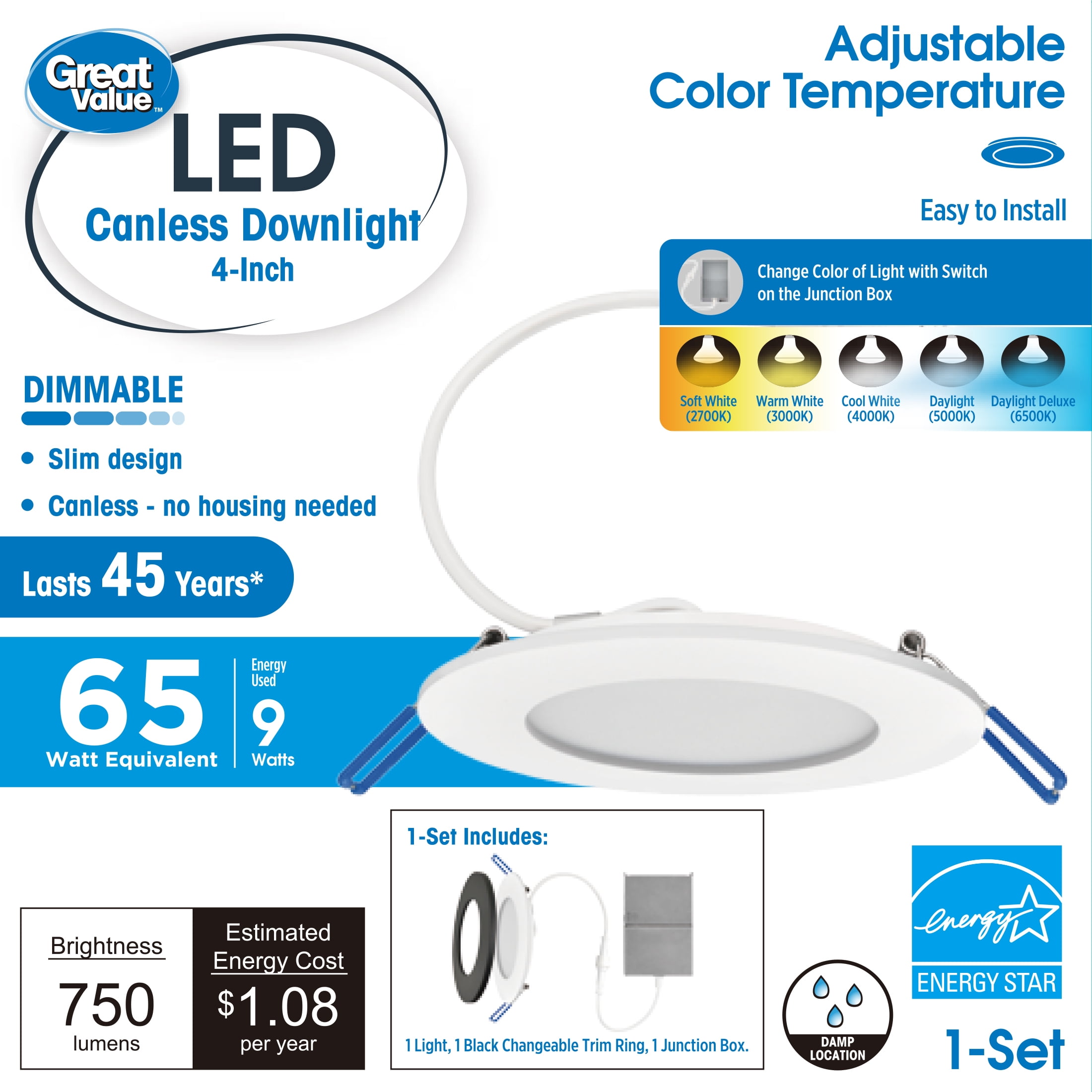 Great Value 4" LED Canless Retrofit Downlight, 9W (65W Replacement), CCT Selectable, J-box included