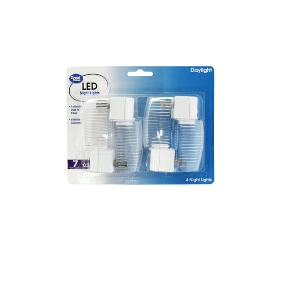 Great Value 4-Pack LED Automatic Light-Sensing Night Light, Daylight, 3.55in by 1.97in
