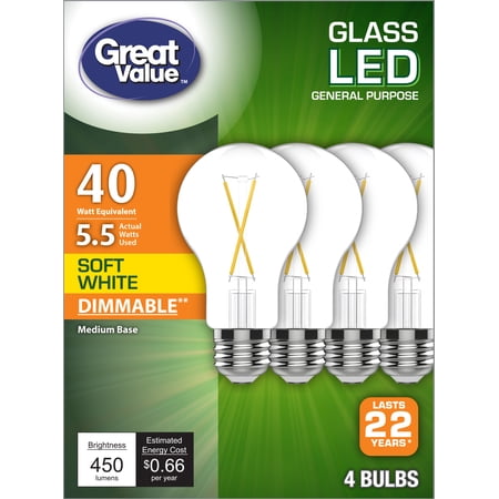 Great Value 40w Equivalent LED Glass Light Bulb, 22 year, Dimmable