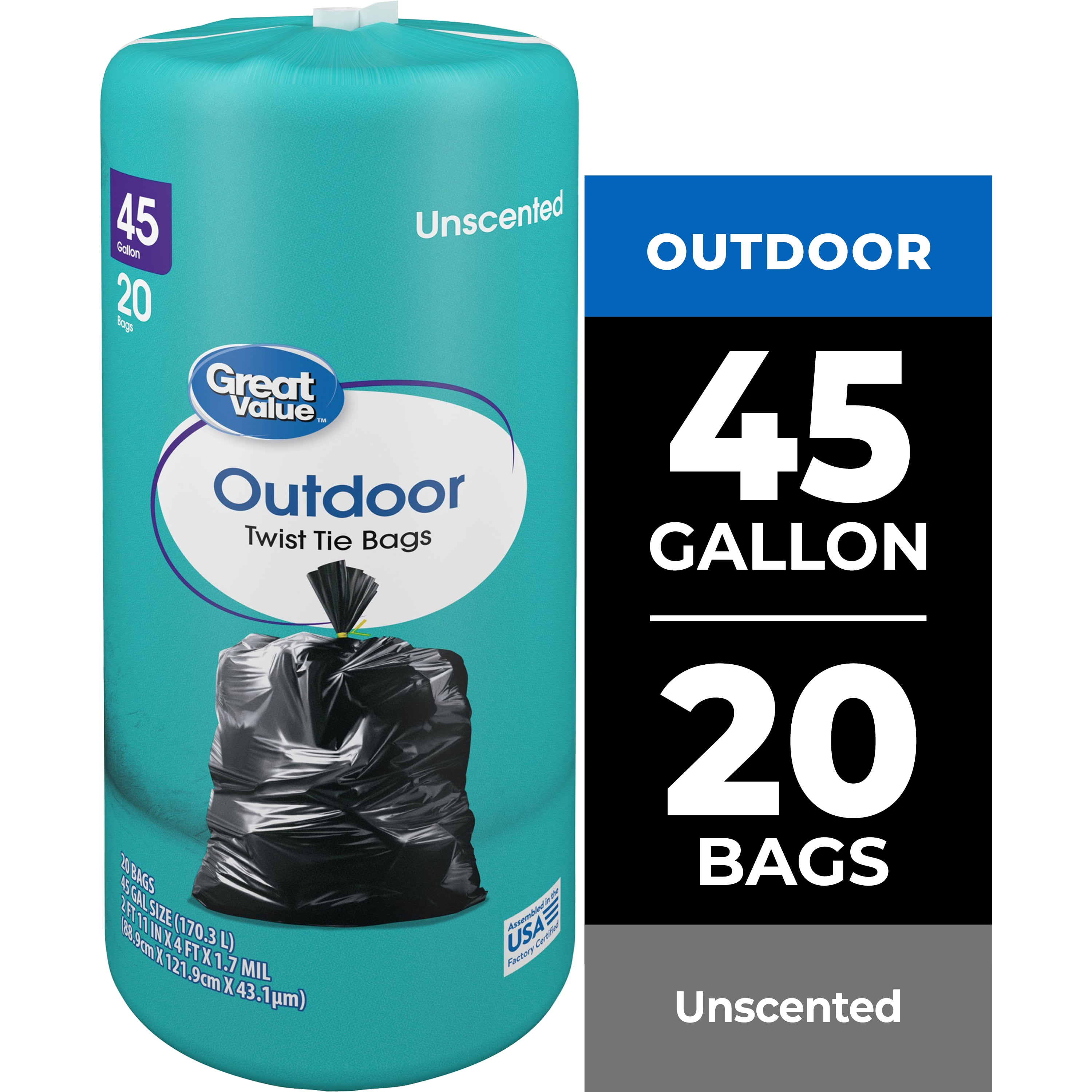 Great Value 45-Gallon Unscented Outdoor Twist Tie Trash Bags, 20