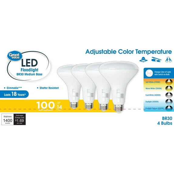 Great Value 5CCT LED BR30 Floodlight Bulb, 14W(100W Equivalent), E26 Medium Base Dimmable, 4 pack