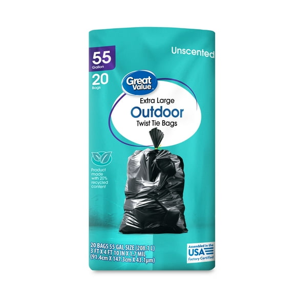 Great Value 55-Gallon Extra Large Outdoor Twist Tie Trash Bags, 20 Bags