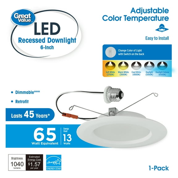 Great Value 6" 5CCT LED Recessed Retrofit Downlight Dimmable