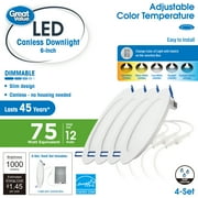 Great Value 6" LED Canless Downlight, 12-Watt (75W Replacement) CCT Selectable with J Box, 4 Pack