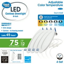 Great Value 6" LED Canless Retrofit Downlight, 12-Watt(75W Replacement) CCT Selectable with J Box 4 Pack