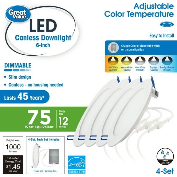 Great Value 6" LED 12W (75W Equivalent) Adjustable Color Temperature Canless Downlight, 4 Count