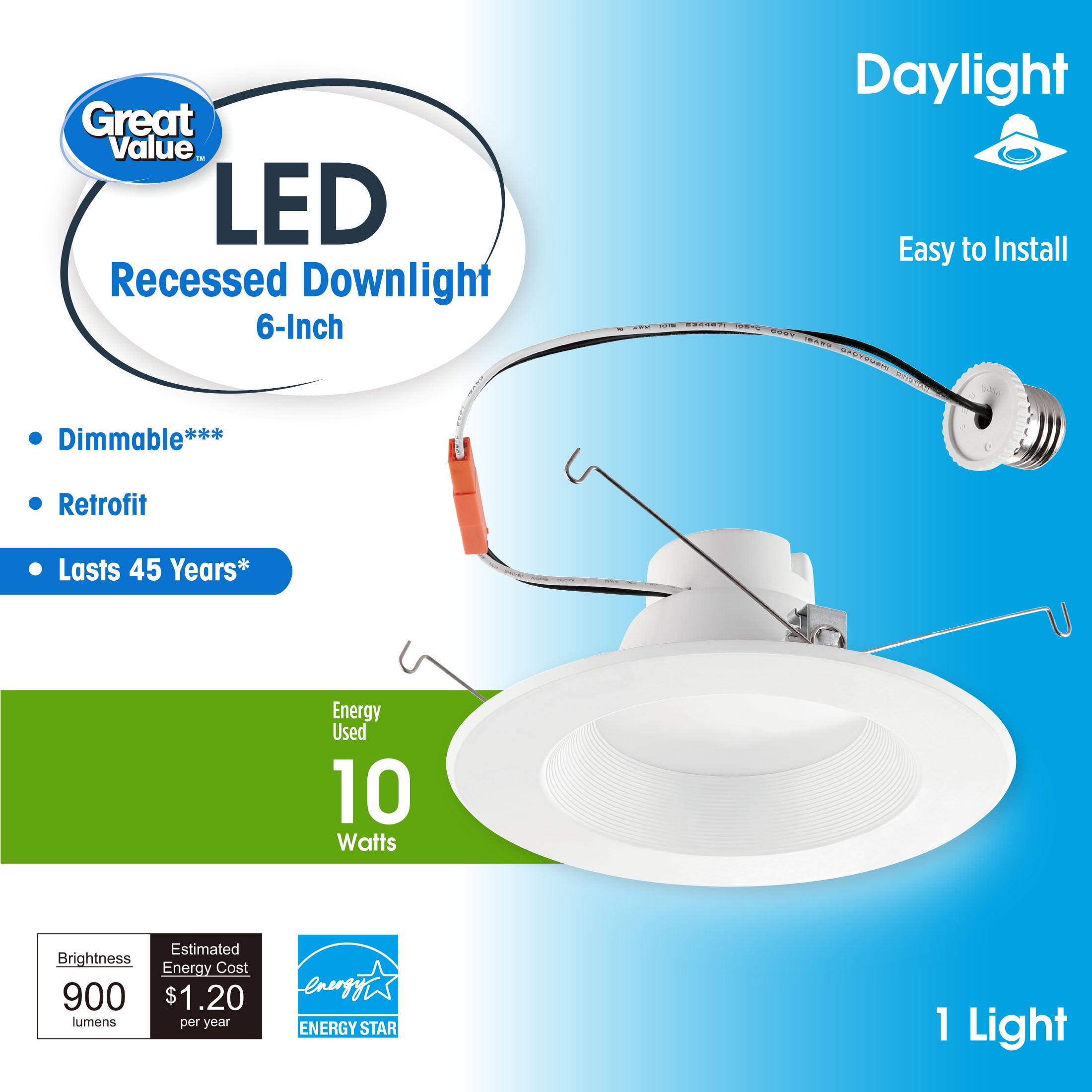 Great Value 6" LED Retrofit Downlight, 10-Watt (65W Replacement) Daylight Dimmable E26 Medium Base