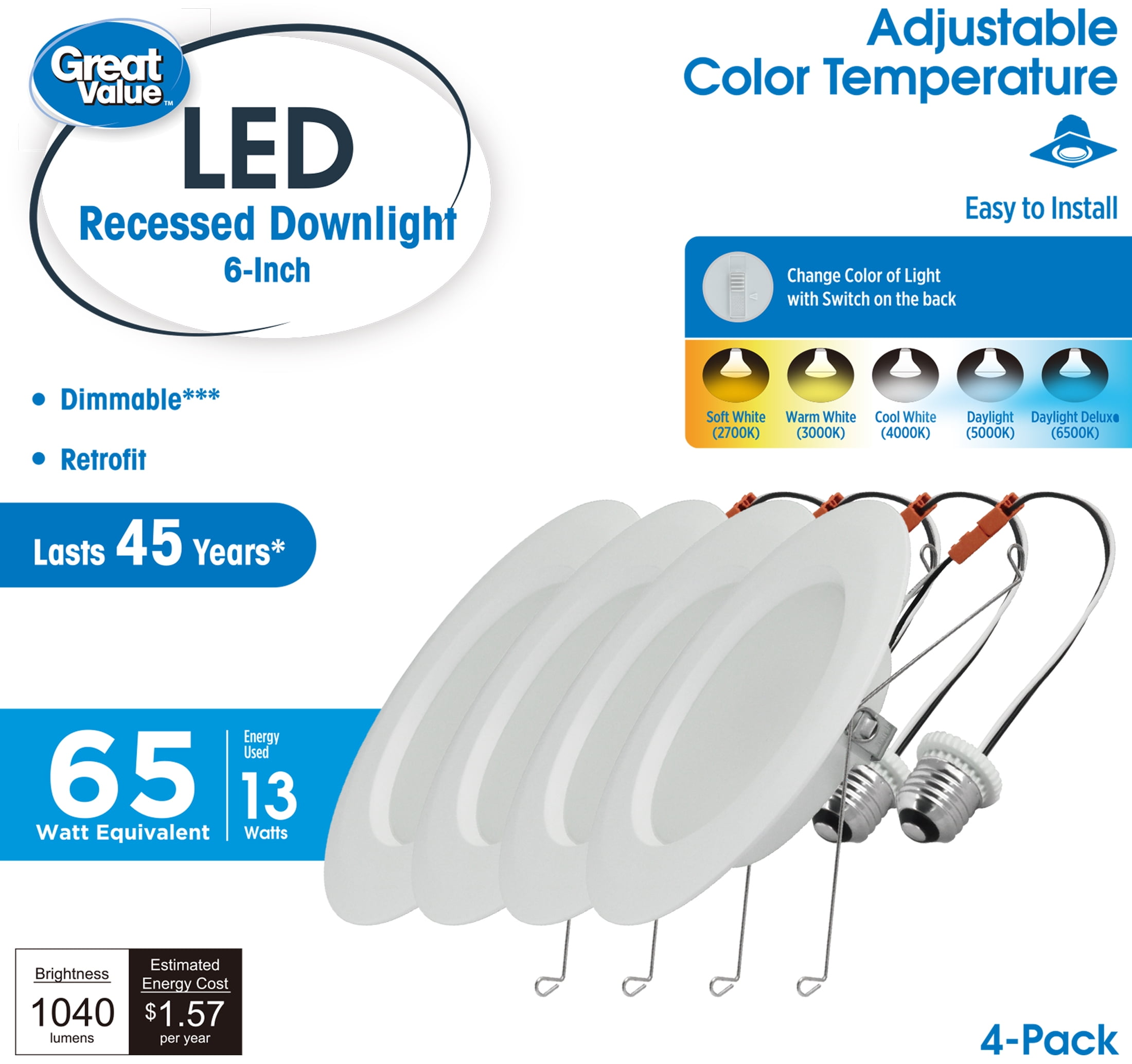 Great Value 6" LED 13W (65W Replacement) Adjustable Color Temperature Color Selectable E26 Medium Base Retrofit Downlight, 4 Count