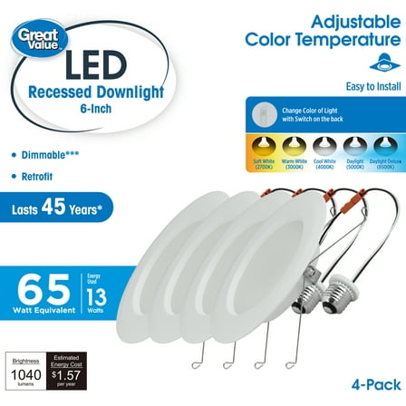 Great Value 6" LED Retrofit Downlight, 13-Watt(65W Replacement) ACT Color Selectable E26 Base, 4 Pack