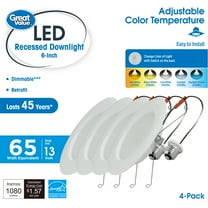 Great Value 6" LED Retrofit Downlight, 13-Watt (65W Replacement) CCT Selectable E26 Base, 4 Pack