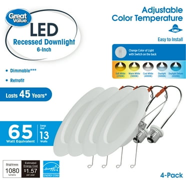 Great Value 6" LED Retrofit Downlight, 13-Watt (65W Replacement) CCT Selectable E26 Base, 4 Pack