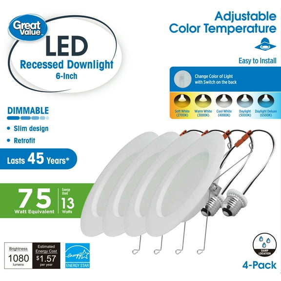 Great Value 6" LED Retrofit Downlight, 13-Watt (75W Replacement) CCT Selectable E26 Base, 4 Pack