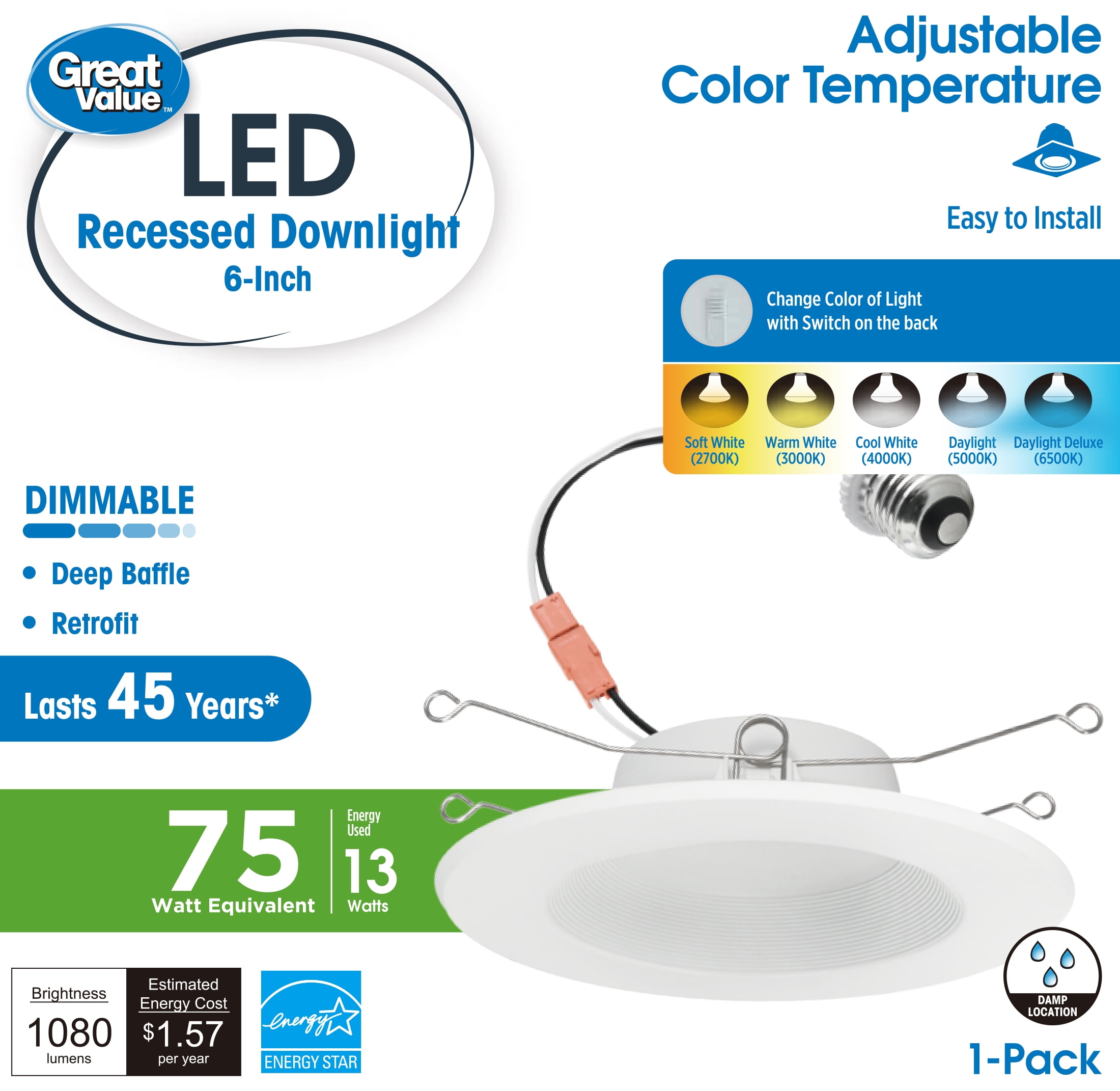 Great Value 6" LED Retrofit Downlight, 13-Watt (75W Replacement) CCT Selectable Dimmable E26 Base