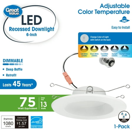 Great Value 6" LED 13W (75W Replacement) Adjustable Color Temperature Color Selectable E26 Medium Base Retrofit Downlight