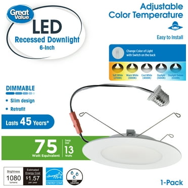Great Value 6" LED Slim Retrofit Downlight, 13-Watt (75W Replacement) CCT Selectable E26 Base