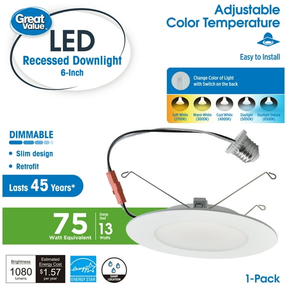 Great Value 6" LED 13W (75W Replacement) Adjustable Color Temperature Color Selectable E26 Medium Base Slim Retrofit Downlight