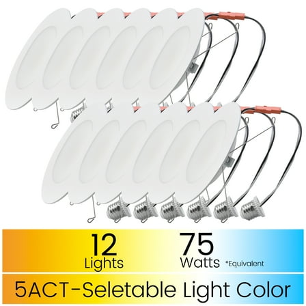 Great Value 6" LED Slim Retrofit Downlight, 13-Watt(75W Replacement) CCT Selectable E26 Base 12 Pack