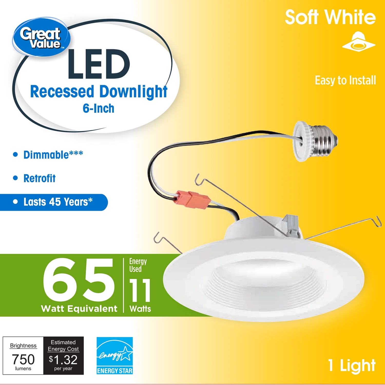 Great Value 6" Plastic IC Rated 11W LED Airtight Recessed Light, 65W