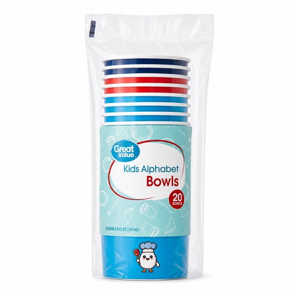 Great Value Kids Alphabet Disposable Paper Bowls, 8 oz, Multicolor, 20 Count