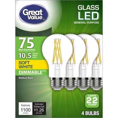 Great Value 75w Equivalent Glass LED Soft White Light Bulb, Dimmable, 22 year