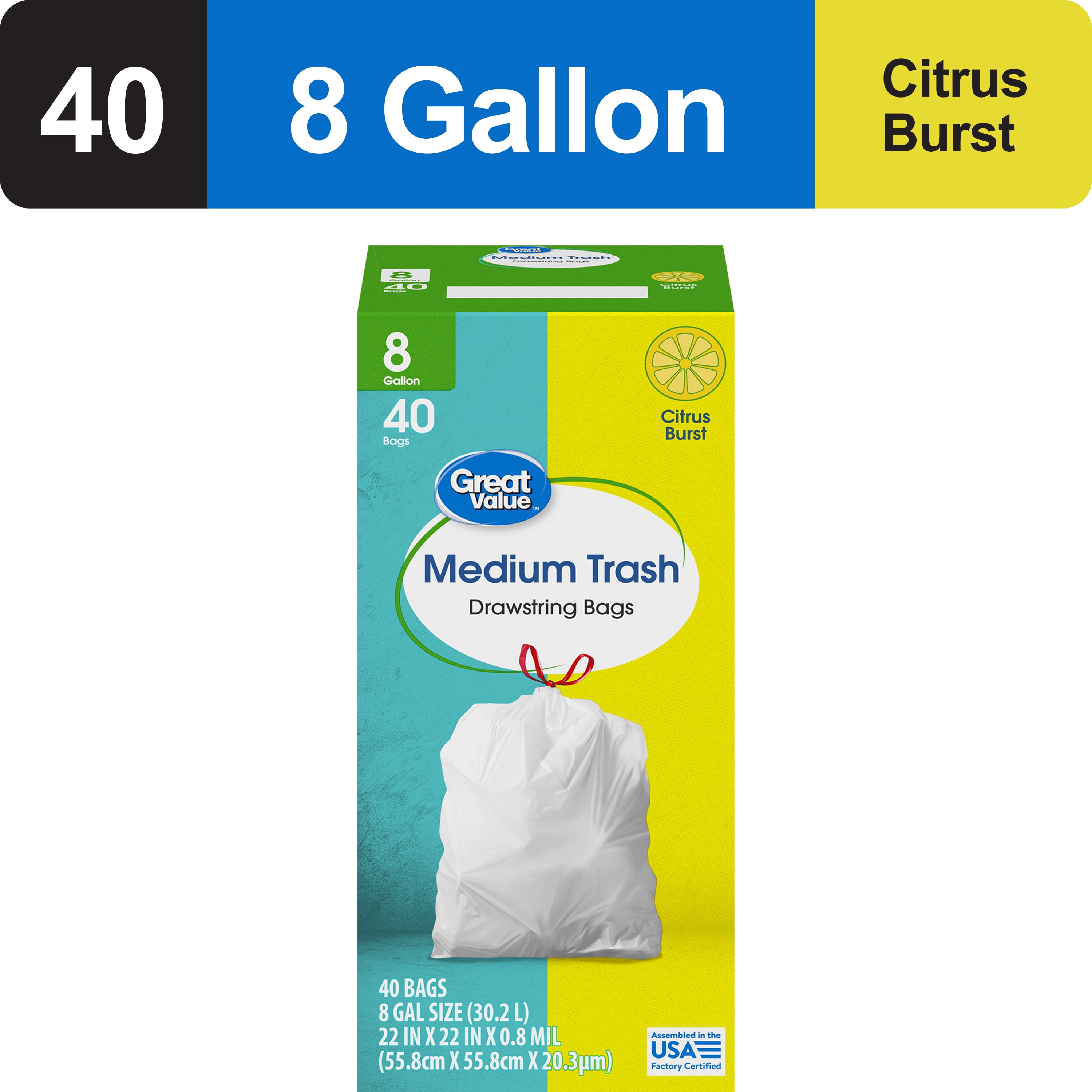 Great Value 8-Gallon Drawstring Medium Trash Bags, Citrus Burst, 40 Bags