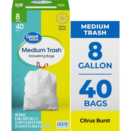 Great Value Citrus Burst 8-Gallon Medium Drawstring Trash Bags, 40 Count