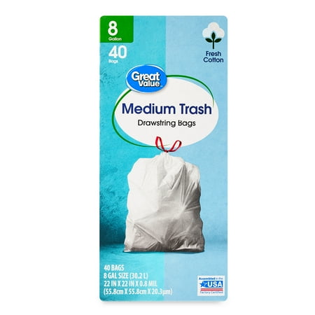 Great Value 8-Gallon Drawstring Medium Trash Bags, Fresh Cotton, 40 Bags