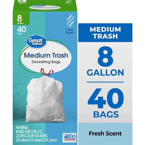 Great Value 8-Gallon Drawstring Medium Trash Bags, Fresh Scent, 40 Bags