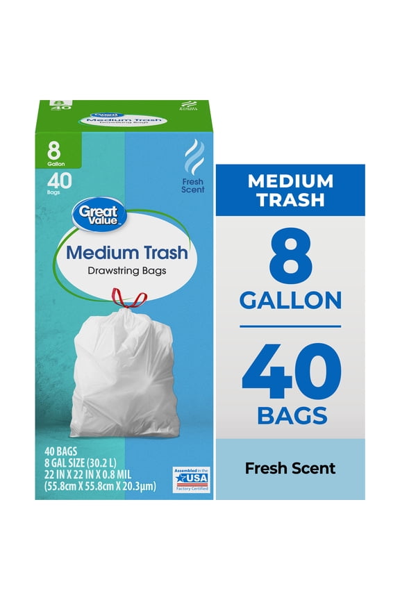 8-Gallon Drawstring Medium Trash Bags, Fresh Scent, 40 Bags