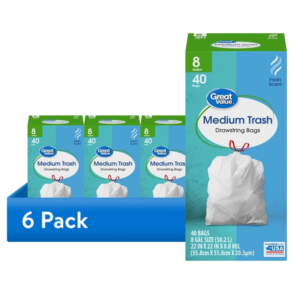 (6 pack) Great Value 8-Gallon Drawstring Trash Bags, Fresh Scent, 40 Bags