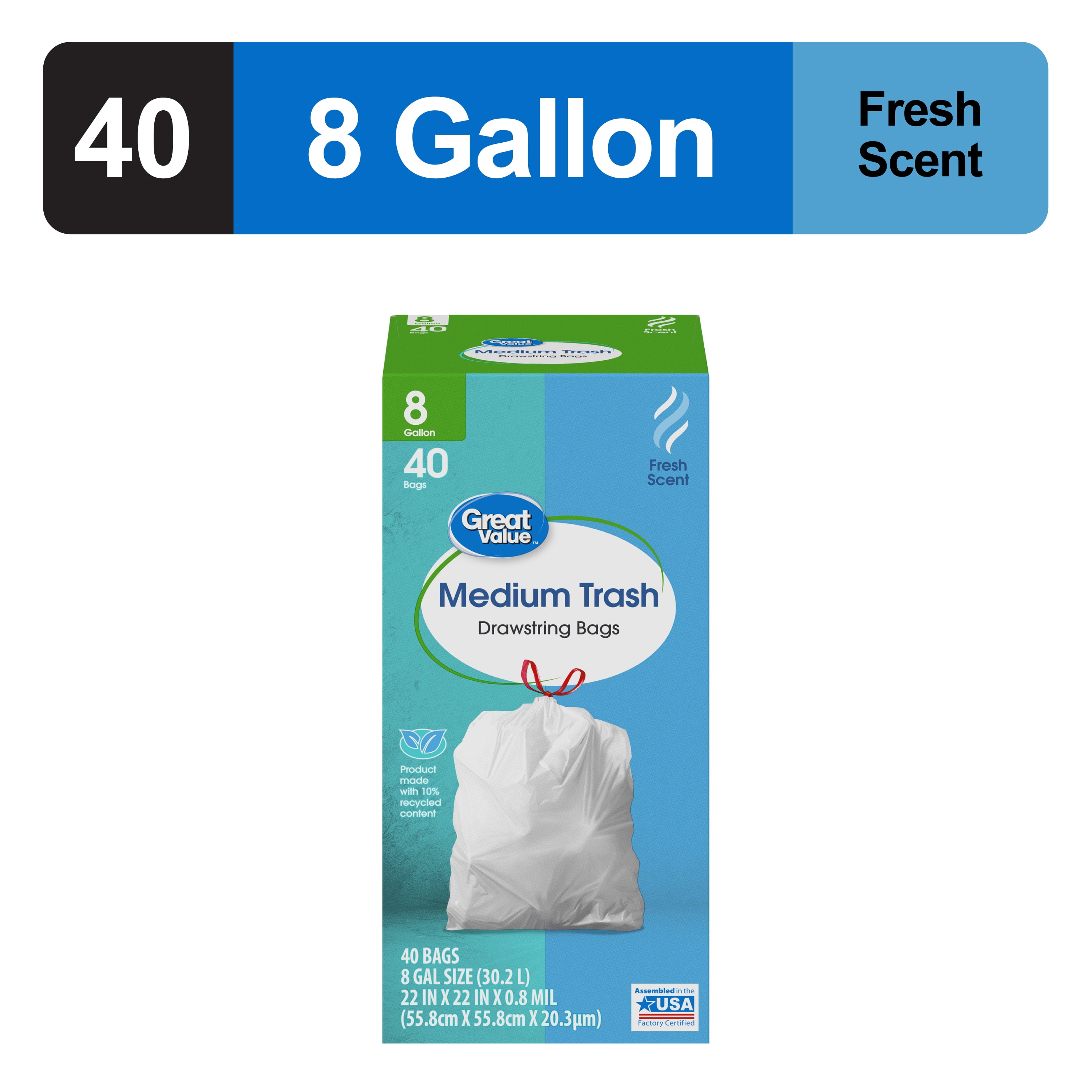 Great Value 8-Gallon White Drawstring Medium Trash Bags, Fresh Scent, 40 Bags