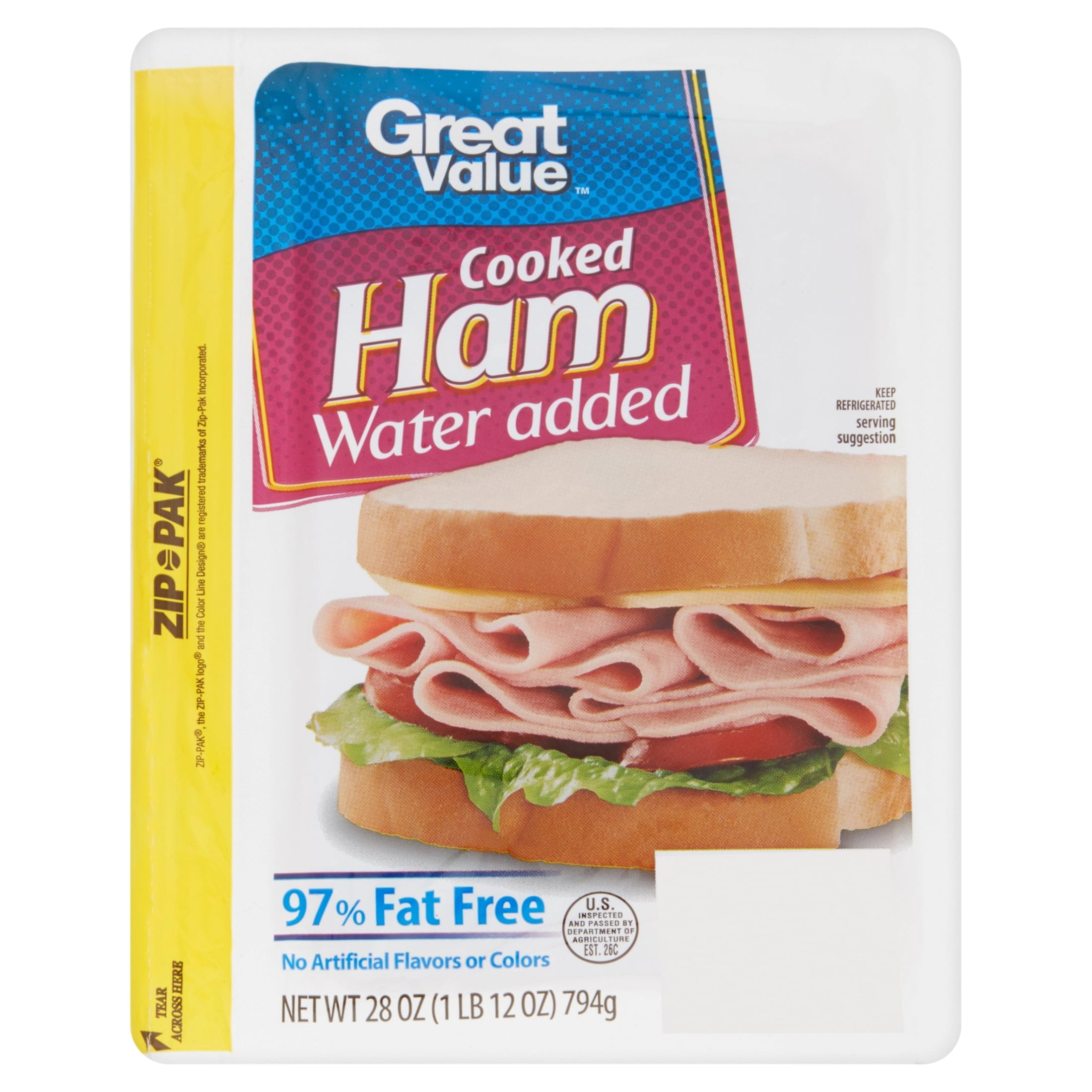 Great Value, 97% Fat Free Cooked, Ham, 28 oz Bag, Deli - Sliced