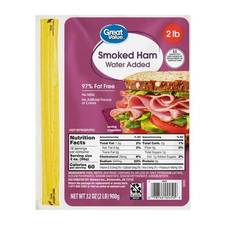 Great Value 97% Fat Free, Sliced Smoked Ham, 32 oz, Plastic Pouch