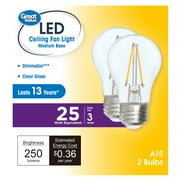 Great Value A15 LED Ceiling Fan Bulb 3W (25W Equivalent) Soft White Dimmable E26 Medium Base (2 Pack)